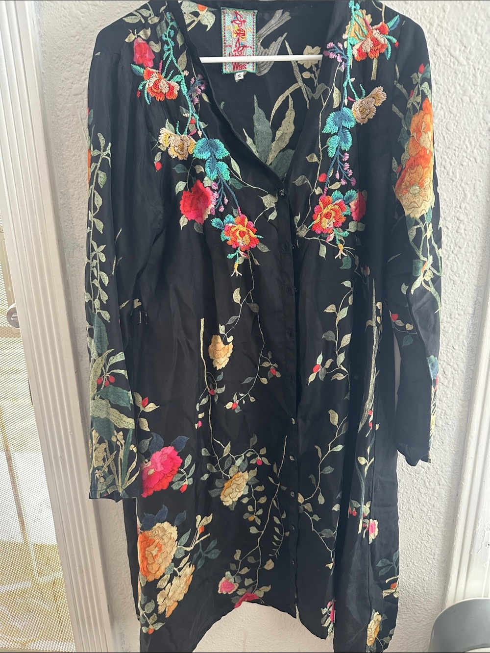 Johnny Was Black Long-Sleeve Floral Embroidered Dress
